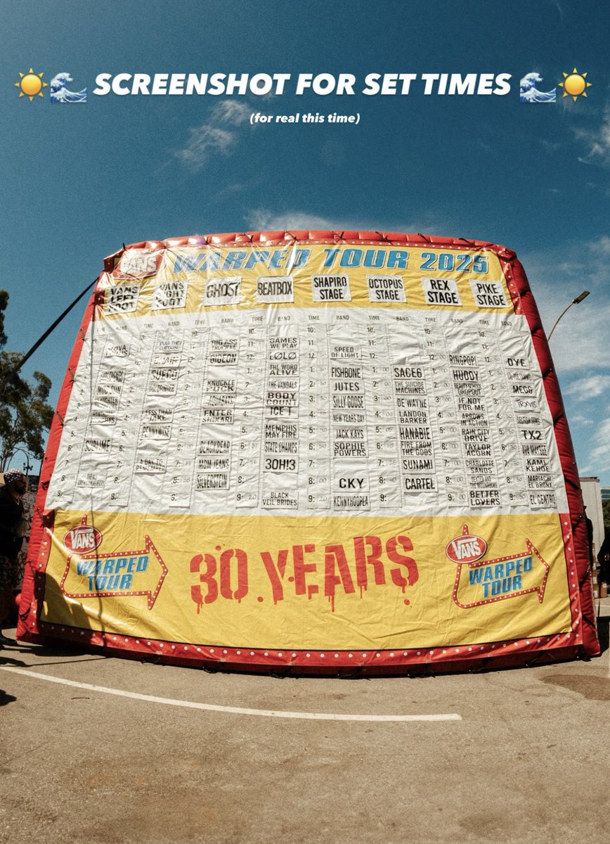 getsomemag's tweet image. Oh hey! @VansWarpedTour 2025 SET TIMES ARE HERE! Screenshot now before the sun glare gaslights you into missing Fishbone again.

Yes, it’s real. Yes, it’s inflatable. No, we still can’t see the 11:30am time slots.

#WarpedTour #LongBeach #Warped