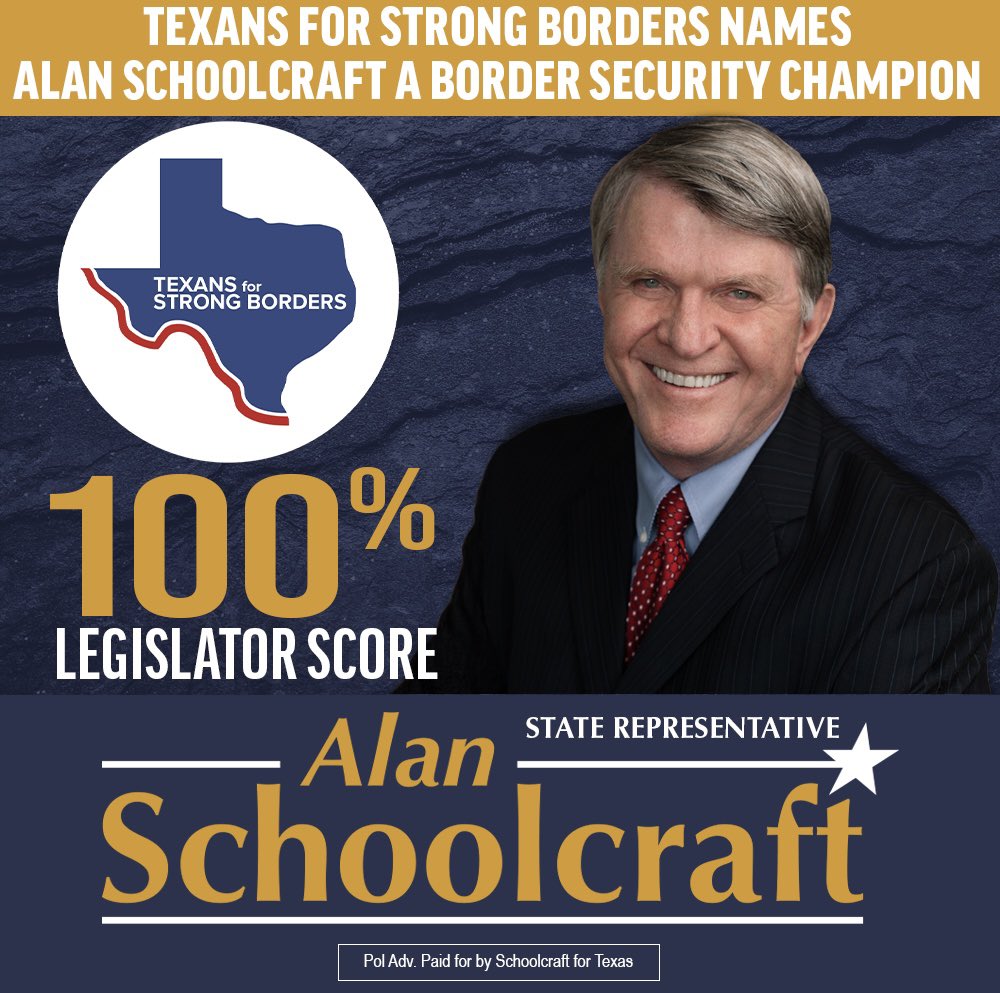 Alan Schoolcraft (@schoolcraft4tx) on Twitter photo I’m proud to have earned a 100% legislator score from <a href="/StrongBordersTX/">Texans for Strong Borders</a>. Securing our border is vital to safeguarding our communities and preserving our national sovereignty. As Texas goes, so goes the nation. I’ll always stand to protect Texas. #txlege I’m proud to have earned a 100% legislator score from <a href="/StrongBordersTX/">Texans for Strong Borders</a>. Securing our border is vital to safeguarding our communities and preserving our national sovereignty. As Texas goes, so goes the nation. I’ll always stand to protect Texas. #txlege