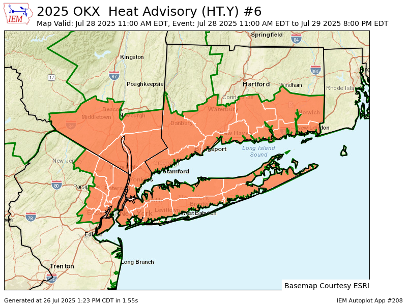 OKX issues Heat Advisory valid at Jul 28, 11:00 AM EDT (34 zones) till Jul 29, 8:00 PM EDT mesonet.agron.iastate.edu/vtec/f/2025-O-…