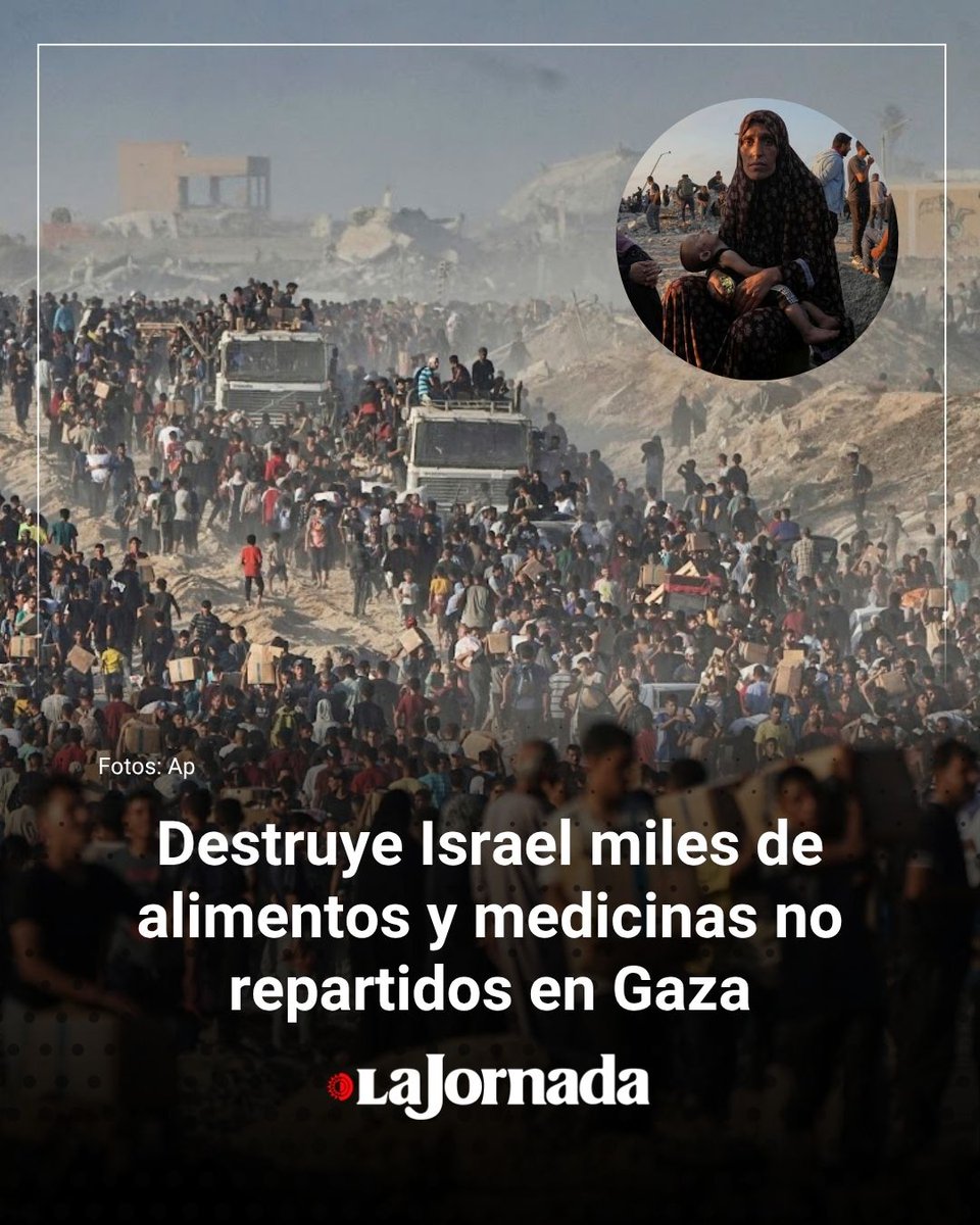 lajornadaonline's tweet image. ⚠️ 🔴 #Israel destruyó alimentos y medicinas para #Gaza que retuvo y caducaron en la frontera, equivalentes a mil camiones.

▶️ En un día, murieron de hambre 10 personas más, indica autoridad palestina.

🔘 "Terminar el trabajo en Gaza", dicta #Trump y abandona negociación.

🔺…