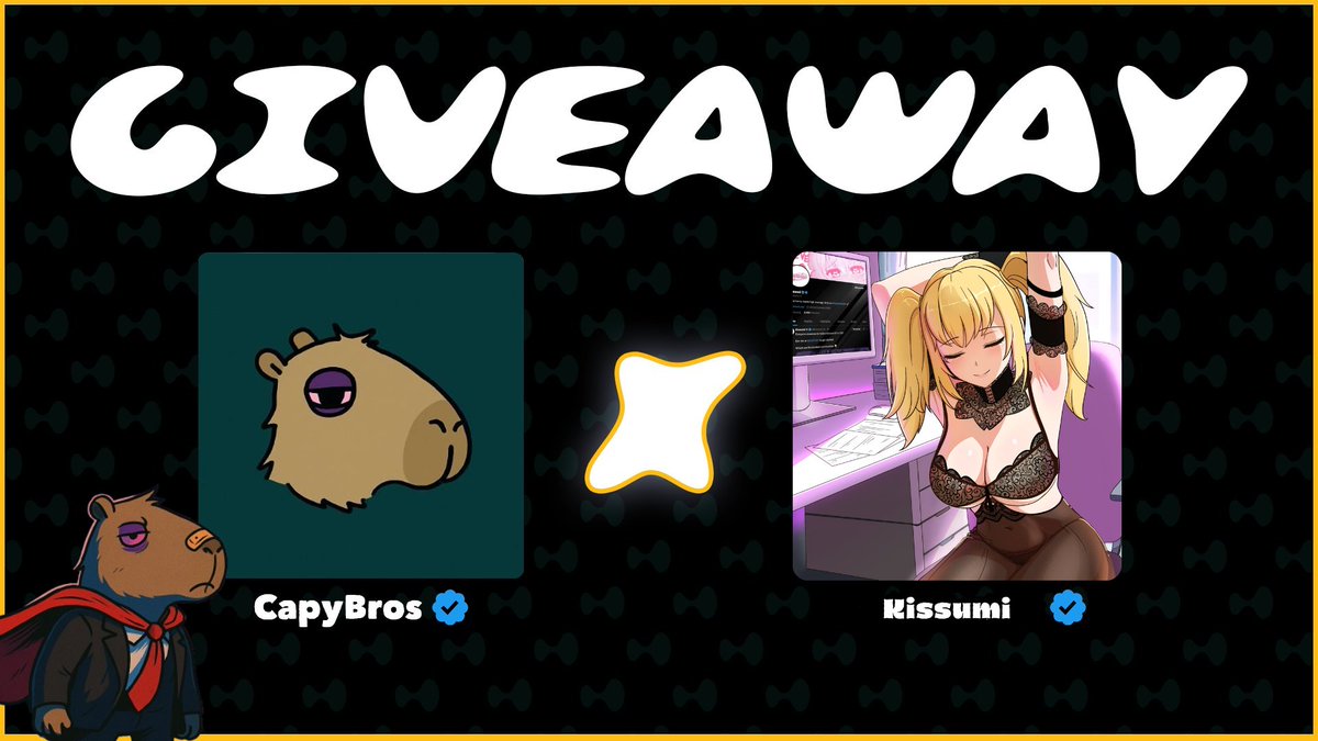 capybros1's tweet image. New X Collaboration & Giveaway! 🐾
CapyBros X @Kissumi_hl has teamed up to bring exclusive spots for our holders on Discord!
Still love BurgerCapy? We’re giving away 3 spots on this tweet!
Follow us + @Kissumi_hl Like + RT + Tag a friend 🎁
Good luck, Cappylion!