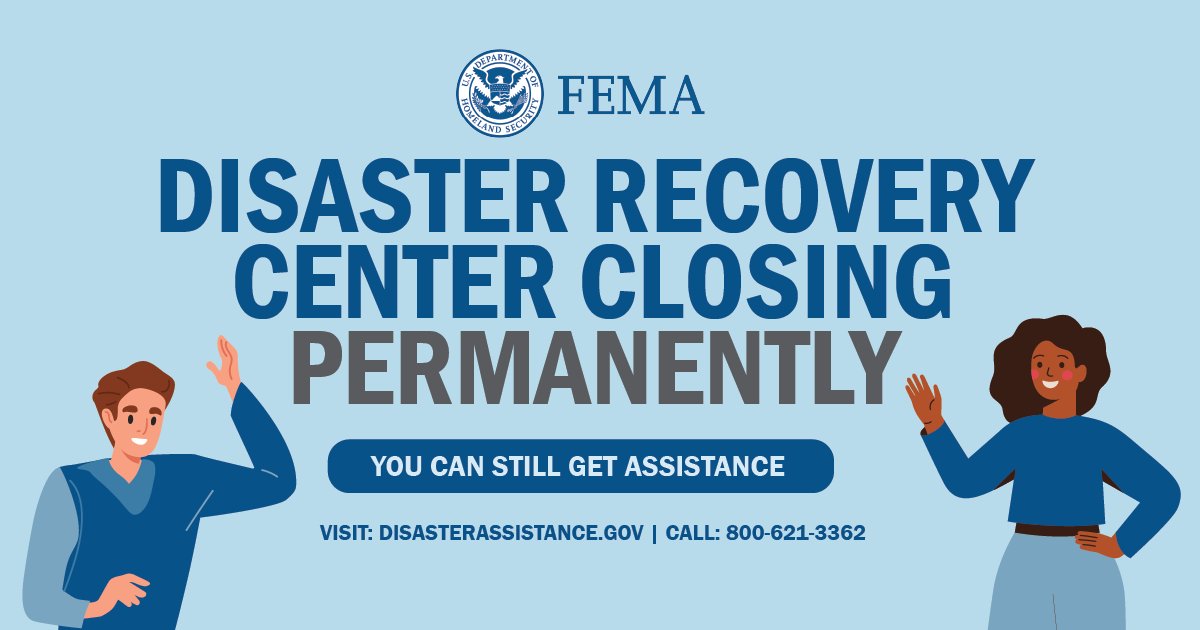FEMA Region 6 (@femaregion6) on Twitter photo Texas: In coordination with <a href="/TDEM/">Texas Division of Emergency Management</a>, @FEMA & <a href="/SBAgov/">SBA</a> will permanently close Disaster Recovery Centers in South Texas next week on Friday, Aug. 1 at 7 p.m., in the counties affected by the severe storms and flooding that occurred March 26-28
Learn more: fema.gov/press-release/… Texas: In coordination with <a href="/TDEM/">Texas Division of Emergency Management</a>, @FEMA & <a href="/SBAgov/">SBA</a> will permanently close Disaster Recovery Centers in South Texas next week on Friday, Aug. 1 at 7 p.m., in the counties affected by the severe storms and flooding that occurred March 26-28
Learn more: fema.gov/press-release/…