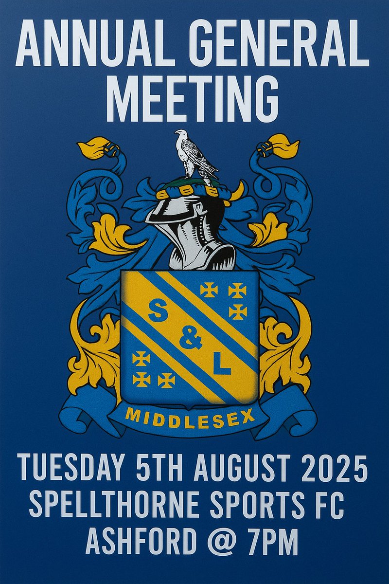 SLammasMiddxFC's tweet image. 📣 AGM CALLING NOTICE 📣
The AGM for Staines & Lammas (Middx) FC & Staines Town FC will take place:
🗓 Tues 5th August 2025
🕢 7PM
📍 Spelthorne Sports FC, Ashford
Players & managers expected from 6PM for team photos.
Supporters welcome – come hear the future of your club!