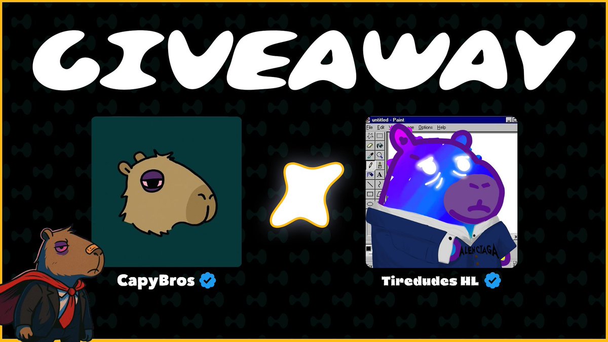capybros1's tweet image. New X Collaboration & Giveaway! 🐾
CapyBros X @tiredudesNFT has teamed up to bring exclusive spots for our holders on Discord!
Still love BurgerCapy? We’re giving away 3 spots on this tweet!
Follow us + @tiredudesNFT Like + RT + Tag a friend 🎁
Good luck, Cappylion!