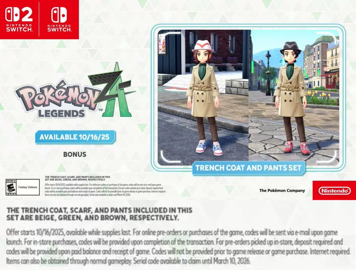 HiddenPowerPod's tweet image. If you pre-order Pokémon Legends Z-A at GameStop in the USA, you will be given a code for this trench coat and pants set.
If you’re not in the USA don’t worry, in reading the fine print, this outfit/item “can also be obtained through normal gameplay”.