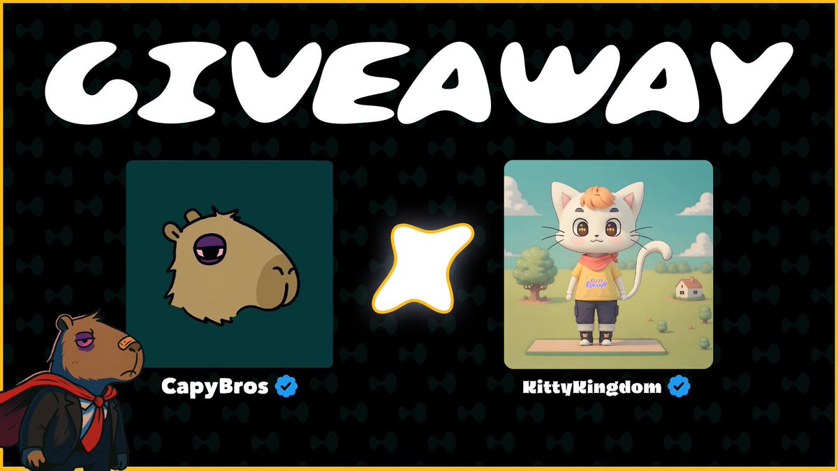 capybros1's tweet image. New X Collaboration & Giveaway! 🐾
CapyBros X @Kittieskingdom has teamed up to bring exclusive spots for our holders on Discord!
Still love BurgerCapy? We’re giving away 2 GTD spots on this tweet!
Follow us + @Kittieskingdom Like + RT + Tag a friend 🎁
Good luck,…