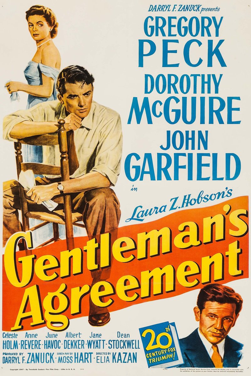 NextOnTCM's tweet image. Gentleman&apos;s Agreement (1948) 

A reporter pretends to be Jewish in order to cover a story on anti-Semitism. 
DIR Elia Kazan 
CAST Gregory Peck, Dorothy McGuire, John Garfield

2 HRS 15 MINS | DRAMA | 10:00 PM EDT