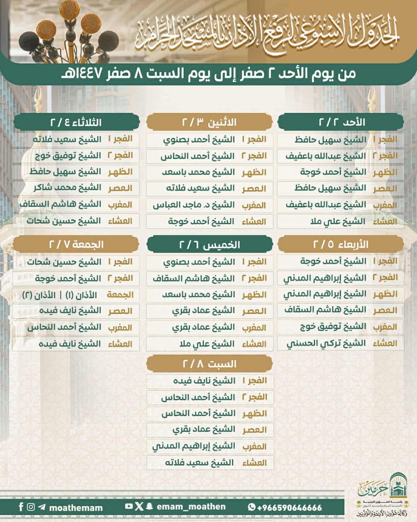 HaramainInfo's tweet image. Imaams and Muadhins Schedule at Masjid Al Haram