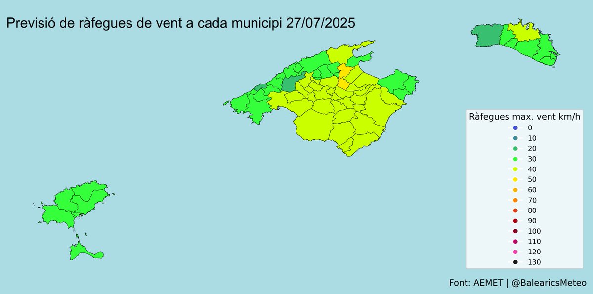 🌬️ Previsió de ràfegues de vent a ses Illes Balears 27/07/2025:

- Menorca: 40 km/h
- Mallorca: 52 km/h
- Eivissa: 38 km/h
- Formentera: 39 km/h
Font: AEMET