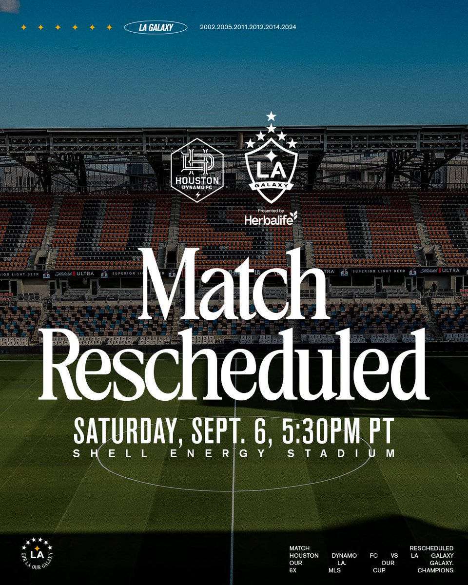 Our road match against the Houston Dynamo, originally scheduled for Friday, July 25, has been rescheduled to Saturday, September 6 at 5:30 p.m. PT.

📰: bit.ly/4f8JyJ5