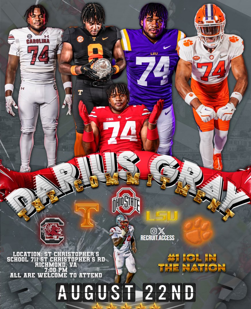 recruit_access's tweet image. BREAKING: 5🌟 IOL Darius Gray ( @dariusgrayy_ ) will announce his commitment on August 22nd
Gray is ranked as a top 20 recruit in the nation (#1 IOL) per 247sports
He will be choosing between South Carolina, Tennessee, LSU, Ohio State, and Clemson
Where should he call home? ⬇️