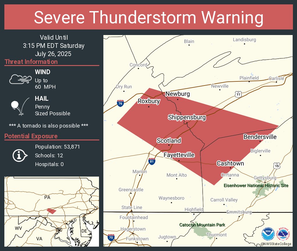 NWSStateCollege's tweet image. Severe Thunderstorm Warning including Shippensburg PA, Fayetteville PA and Scotland PA until 3:15 PM EDT