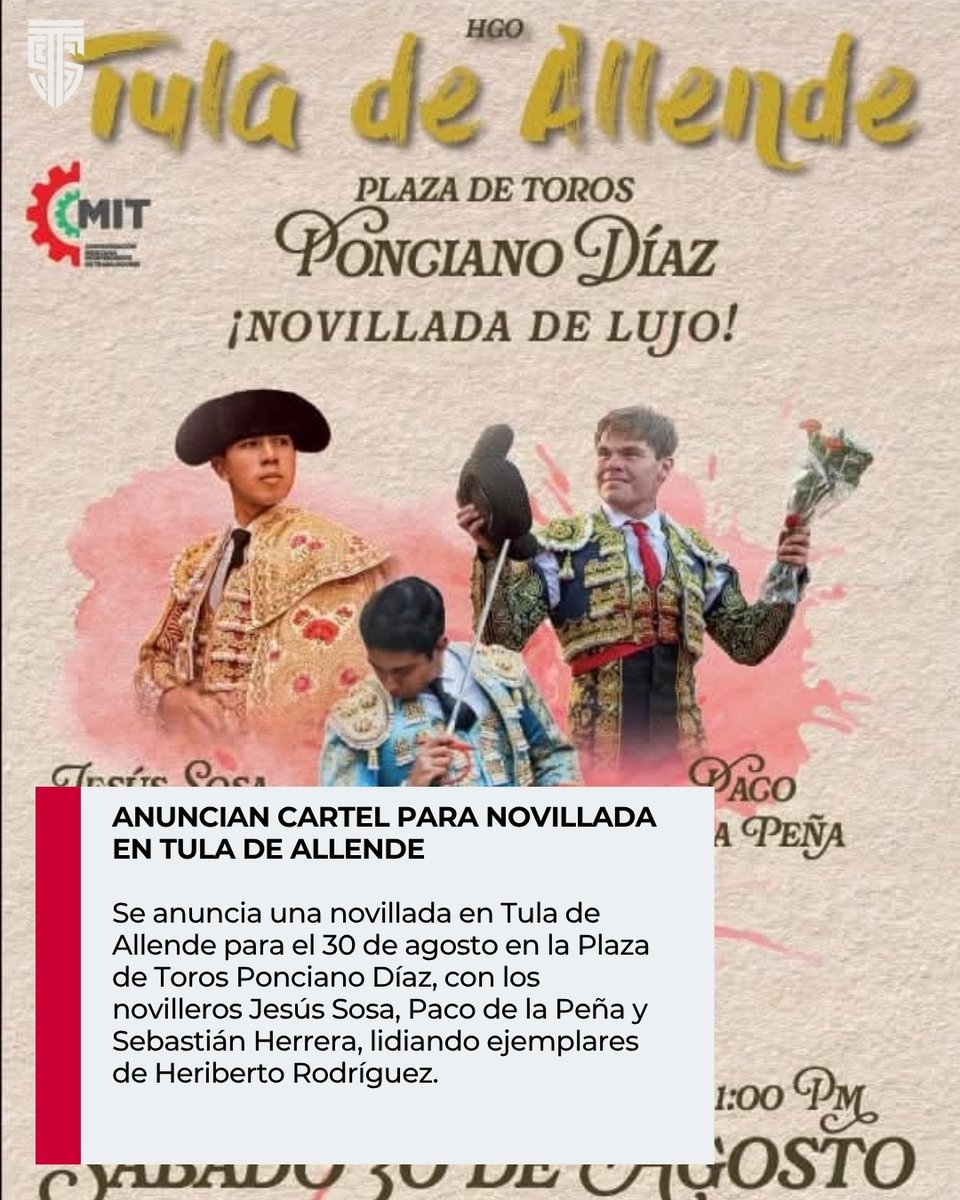 🎟️ Tula vivirá una tarde de toros inolvidable
Con Jesús Sosa, Paco de la Peña y Sebastián Herrera en el ruedo de la Plaza Ponciano Díaz 🐂🔥
¡Anótalo! 30 de agosto a la 1 PM!

⬇️ Conoce todos los detalles del cartel en Tula: titansports.international/anuncian-novil…
 
#Toros #Novillada #Tula2025