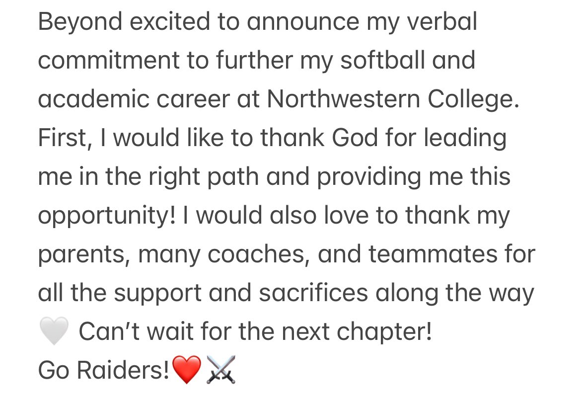 COMMITED❤️⚔️ 
Go Raiders! 
<a href="/NWCSoftball/">Northwestern College Softball 🥎</a> <a href="/nwcraiders/">NWC Red Raiders</a>
