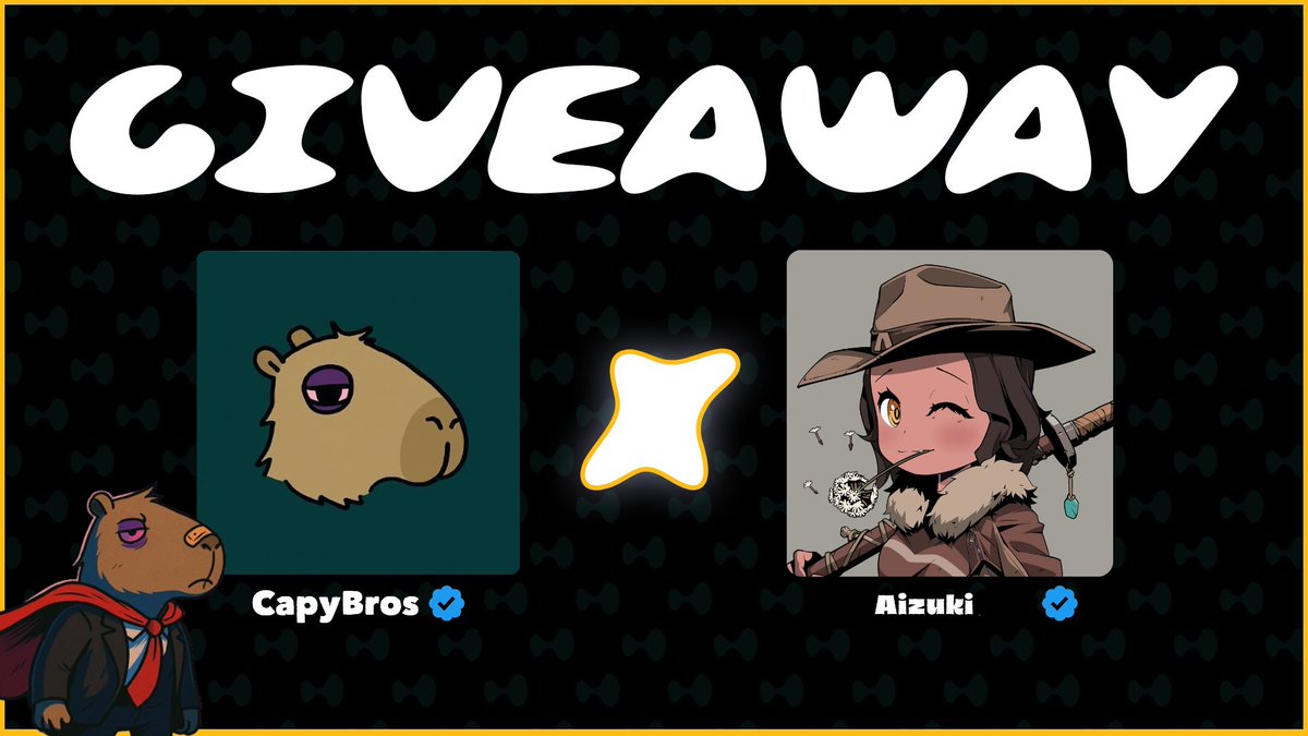 capybros1's tweet image. New X Collaboration & Giveaway! 🐾
CapyBros X @aizuki_nft has teamed up to bring exclusive spots for our holders on Discord!
Still love BurgerCapy? We’re giving away 2 GTD spots on this tweet!
Follow us + @aizuki_nft Like + RT + Tag a friend 🎁
Good luck, Cappylion!