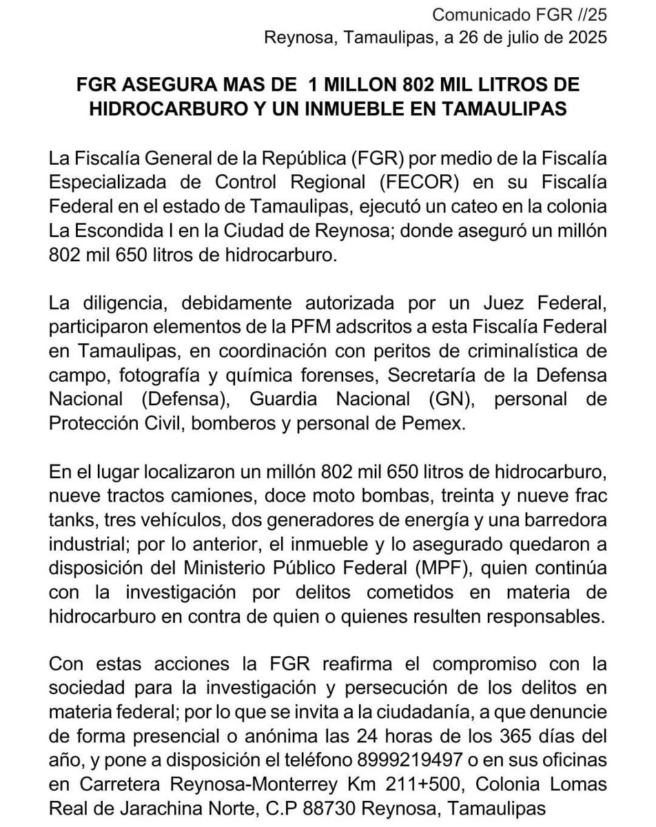 Azucena Uresti (@azucenau) on Twitter photo 🔴 .<a href="/FGRMexico/">FGR México</a> asegura más de un millón 802 mil litros de hidrocarburo en colonia La Escondida l, en Reynosa, Tamaulipas. 🔴 .<a href="/FGRMexico/">FGR México</a> asegura más de un millón 802 mil litros de hidrocarburo en colonia La Escondida l, en Reynosa, Tamaulipas.