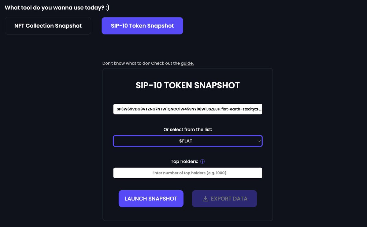 SpaghettiPunk (@spaghetti_punk) on Twitter photo 🚨 By popular demand, we’ve added $FLAT by <a href="/FlatEarthDev/">Flat Earth | Bitcoin - Stacks |</a> to the curated list in our SIP-10 Token Snapshot Tool, available exclusively to Club Members.
⚠️ Reminder: the tool works with any SIP-10 token.
The curated list is just for convenience — it doesn’t imply affiliation or 🚨 By popular demand, we’ve added $FLAT by <a href="/FlatEarthDev/">Flat Earth | Bitcoin - Stacks |</a> to the curated list in our SIP-10 Token Snapshot Tool, available exclusively to Club Members.
⚠️ Reminder: the tool works with any SIP-10 token.
The curated list is just for convenience — it doesn’t imply affiliation or