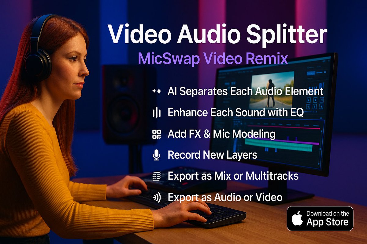 NEW APP ALERT!
🎬🎙️ Video Audio Splitter is a new app that lets you control and improve the sound of any video. It uses AI to split your video’s audio into separate tracks — voice, music, background noise, &amp; more so you can adjust each sound. 

apps.apple.com/app/video-audi…