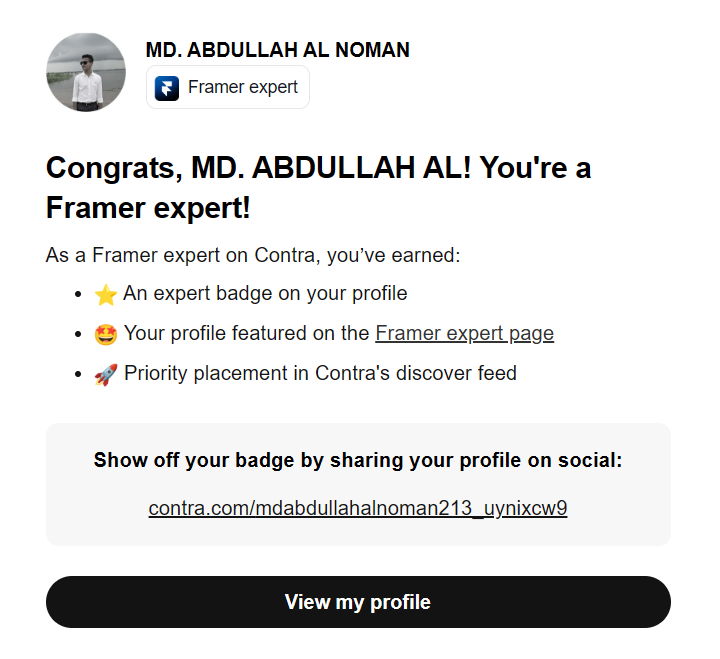 noman_framer's tweet photo. "Just unlocked a new level! 🚀 Officially a Framer Expert on Contra! 💫 Grateful, excited, and ready to build magic. #Framer #ContraExperts #NoCode
https://t.co/ljzYaALy6e https://t.co/9CPR1HEVqz
