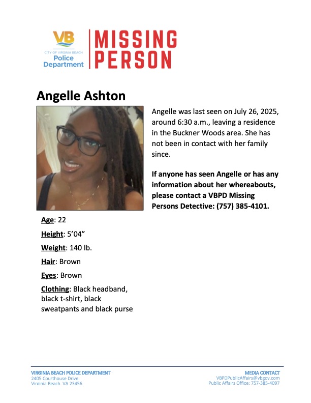 Missing Person Alert - Virginia Beach, VA

Have you seen this missing adult? If you have any information about this person's whereabouts, please contact a VBPD Missing Persons Detective: (757) 385-4101.

#VBPD #VBPDAlert