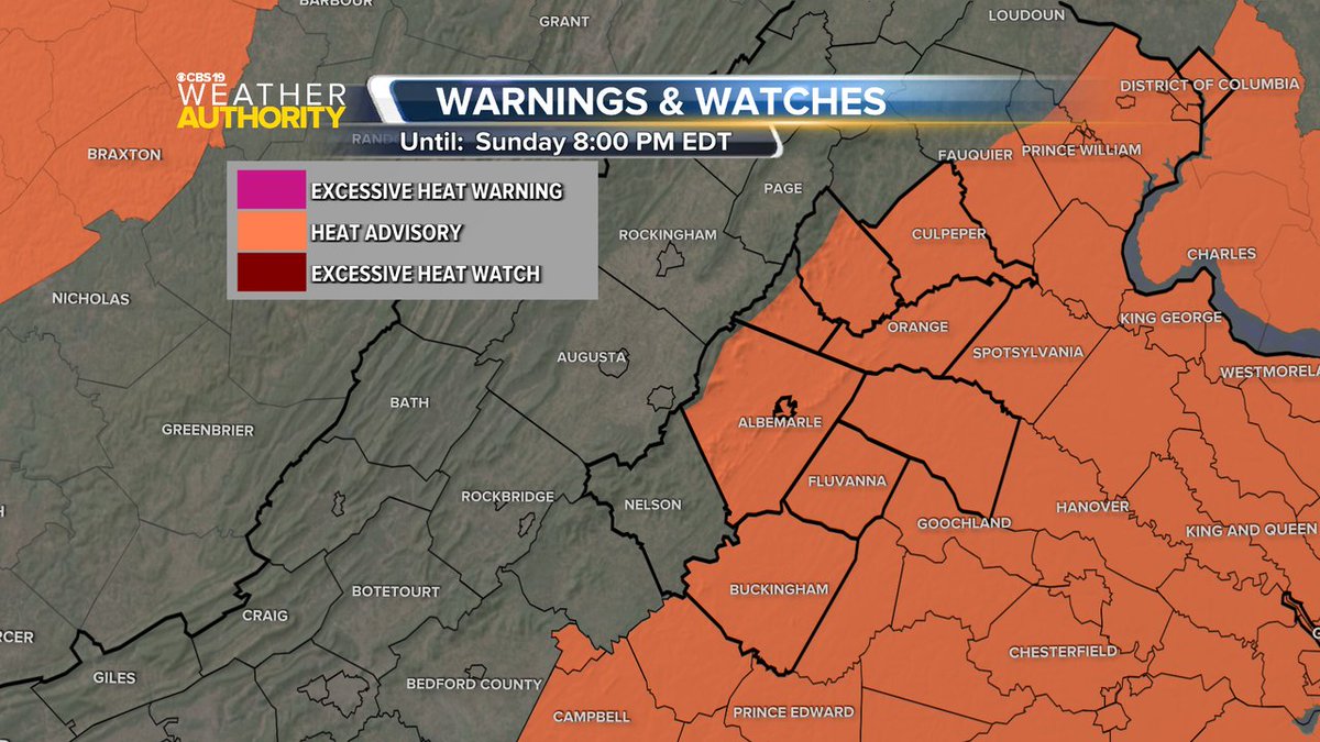 CBS19News's tweet image. A Heat Advisory is now in effect until 7/27 8:00PM for the following counties: Stafford, Culpeper, City of Fredericksburg, Spotsylvania, Fauquier, Orange, King George. Heat-related illnesses are possible if precautions are not taken.