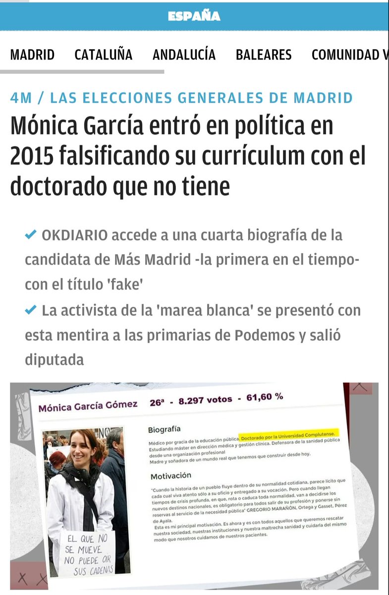 IgdePablo's tweet image. Mónica García (@Monica_Garcia_G) entró en política en 2015 falsificando su currículum con el doctorado que no tiene.