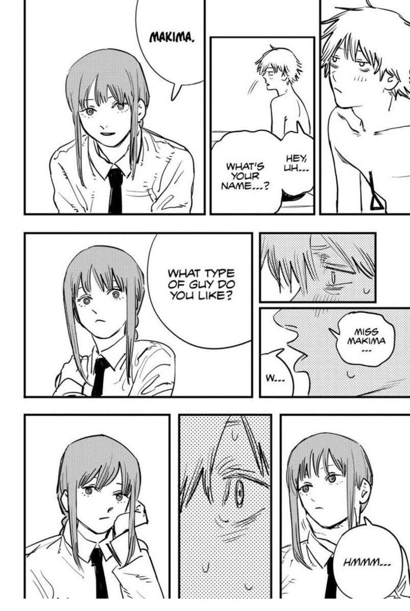 gumpsawdump's tweet image. Lesbian Makima is so canon cause the way she looks like she’s thinking about that question for the first time ever and has just got nothing in the last panel