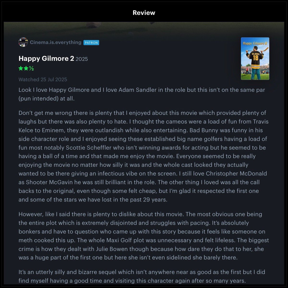 Cinema_Every's tweet image. Happy Gilmore 2 (2025) Review 

#happygilmore2 #adamsandler #christophermcdonald #badbunny #letterboxdreview #letterboxd #filmreview #moviereview #movies #film #cinema #viral #trending #fyp #foryoupage #movietok #filmtok