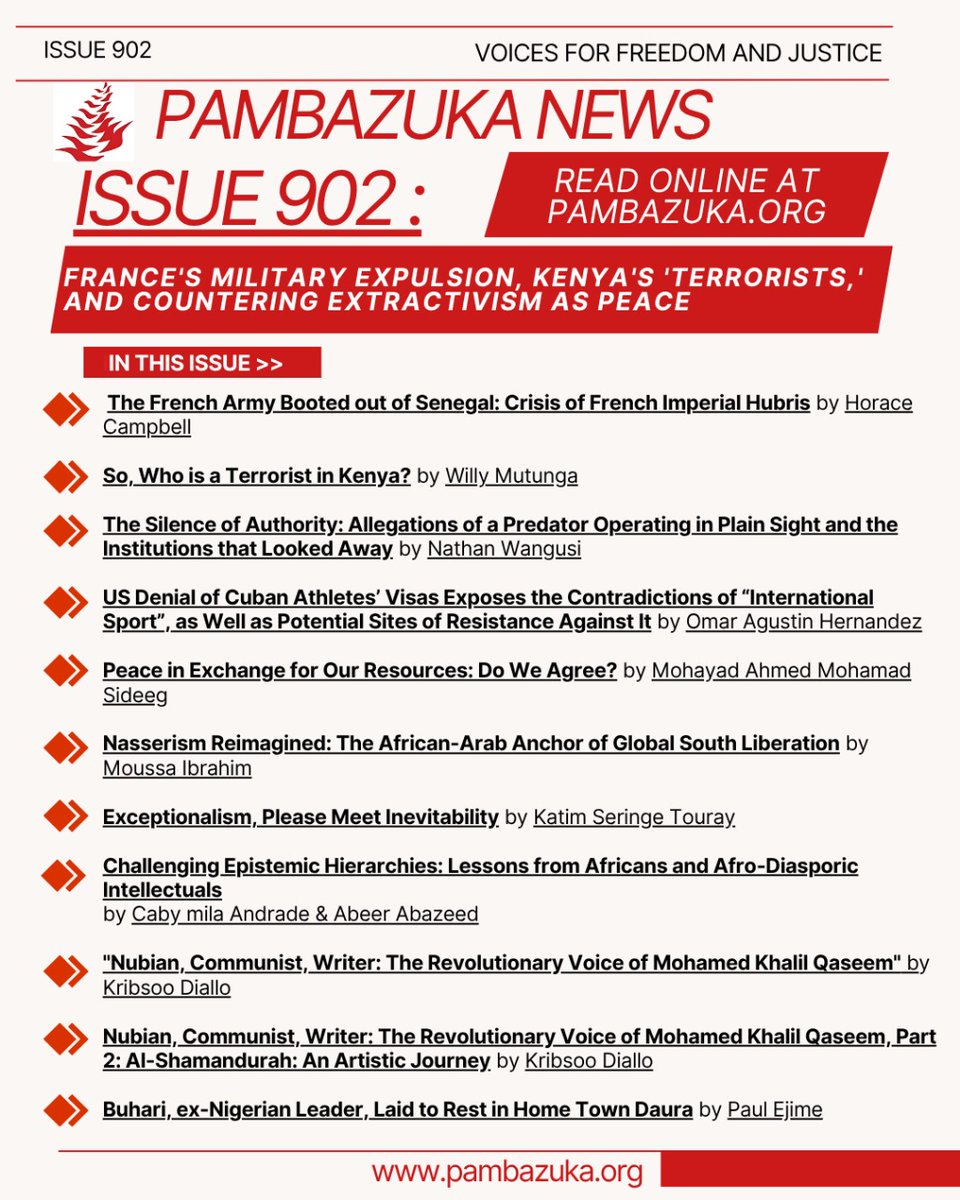 Pambazuka News (@fahamuafrica) on Twitter photo 🔥Issue 902 is packed with informative takes on the expulsion of the #French #Army from #Senegal, #terrorism, contradictions in #sports, and more.
📌Details here: pambazuka.org
👉Read, comment, and share
#Kenya #Nigeria #Egypt #Sudan #Cuba #US
<a href="/nyeusi_waasi/">K.Diallo ☭</a> 🔥Issue 902 is packed with informative takes on the expulsion of the #French #Army from #Senegal, #terrorism, contradictions in #sports, and more.
📌Details here: pambazuka.org
👉Read, comment, and share
#Kenya #Nigeria #Egypt #Sudan #Cuba #US
<a href="/nyeusi_waasi/">K.Diallo ☭</a>