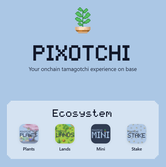 🟦 Pixotchi, your pocket farm on <a href="/base/">Base</a>! 

A full onchain ecosystem built for fun and rewards.

🏝️ Lands – customize and optimize your farm
🪴 Plants – grow and compete for $ETH
🪙 Stake – stake $SEED, earn $LEAF
🟦 Mini – one tap away inside <a href="/baseapp/">Base app</a>

Need access to the Miniapp