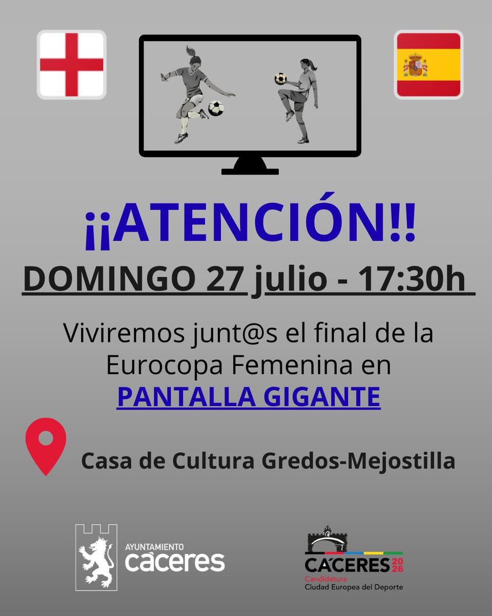 🔴Vivamos la final de la Eurocopa femenina de fútbol ⚽️ !! 

🟡Este domingo, pantalla en la casa de cultura de Gredos-Mejostilla. 🖥️

🔴Apertura de puertas 17.30h 🇪🇸