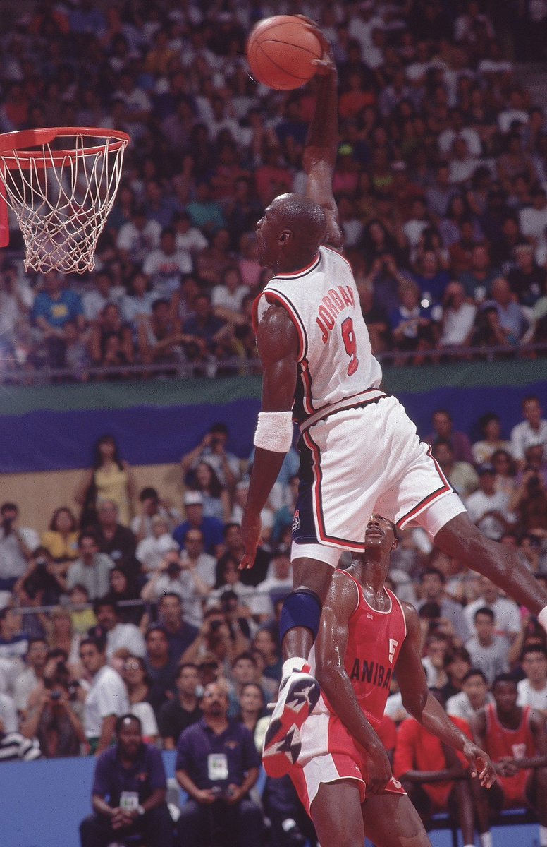 Air Jordan takes flight.

United States vs Angola
Summer Olympics
Barcelona, Spain
July 26, 1992

<a href="/Jumpman23/">Jordan</a> @USABasketball