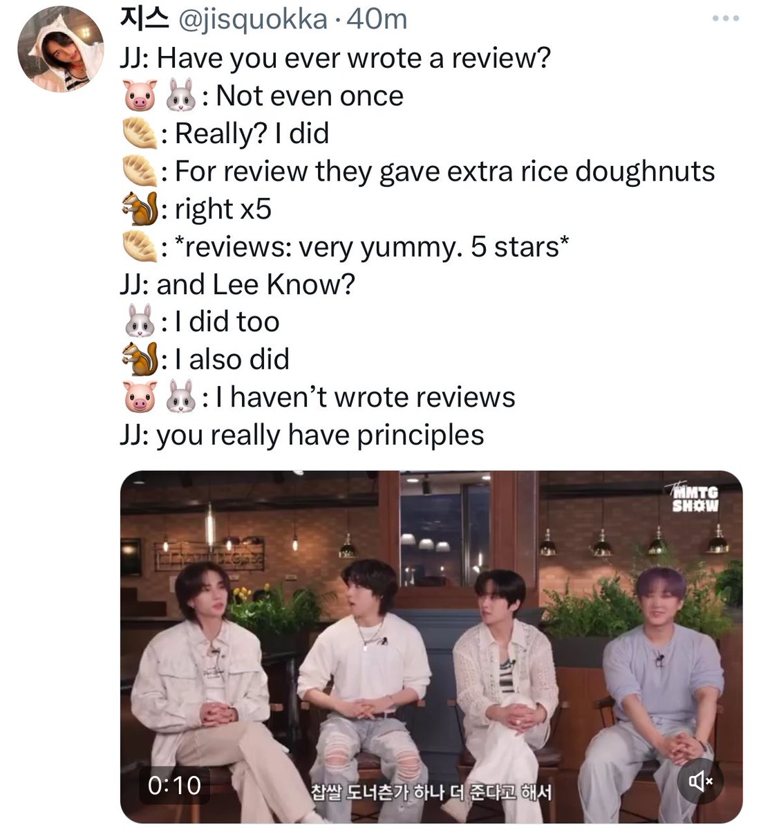 skizluvr's tweet image. just remembered 🐰🐿️🥟 mentioning they wrote food reviews to get free stuff from restaurants and 🐷🐰 saying he hasn’t posted food reviews but the 4 of them literally posted their own pictures of their meal from years ago to get free drinks or something
