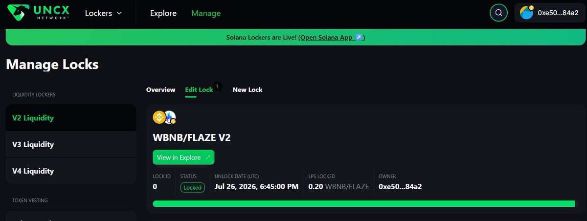 FlazeCoin's tweet image. LP has been locked for 1 year! 🔒