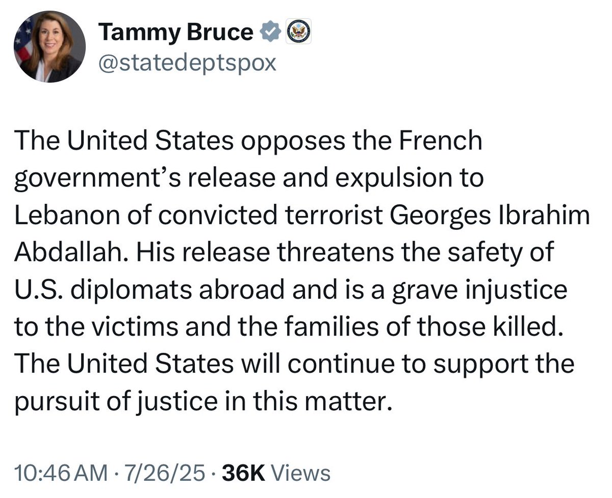 Les États-Unis condamne la France pour la libération du terroriste Georges Ibrahim Abdallah, responsable de la mort d'un diplomate américain. En 48 heures Macron a fait basculer la France dans l'axe Qatar Iran. Les conséquences seront catastrophique pour la France...