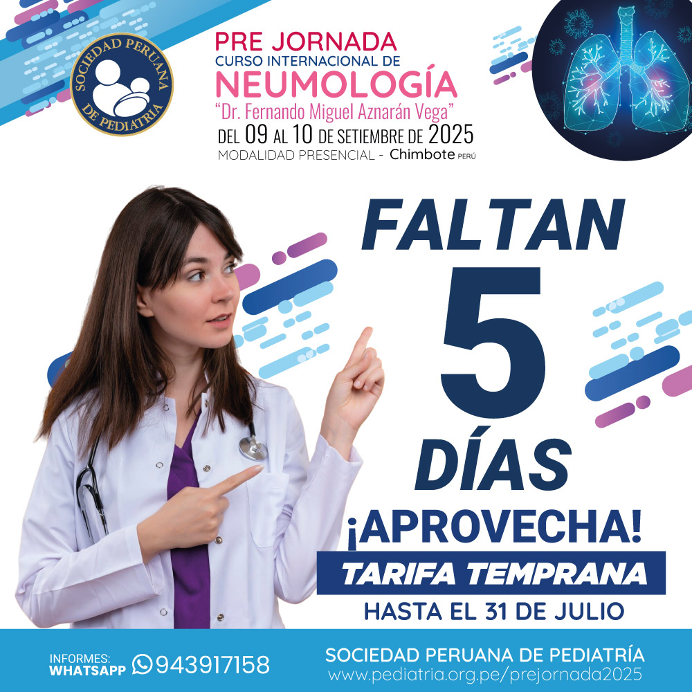 ¡APROVECHA LA TARIFA TEMPRANA HASTA 31 DE JULIO!
𝗣𝗥𝗘 𝗝𝗢𝗥𝗡𝗔𝗗𝗔
𝗖𝘂𝗿𝘀𝗼 𝗜𝗻𝘁𝗲𝗿𝗻𝗮𝗰𝗶𝗼𝗻𝗮𝗹 𝗱𝗲 𝗡𝗘𝗨𝗠𝗢𝗟𝗢𝗚𝗜́𝗔
𝗪𝗲𝗯: pediatria.org.pe/prejornada2025/
𝗣𝗿𝗼𝗴𝗿𝗮𝗺𝗮: tinyurl.com/Programa-PreJo…