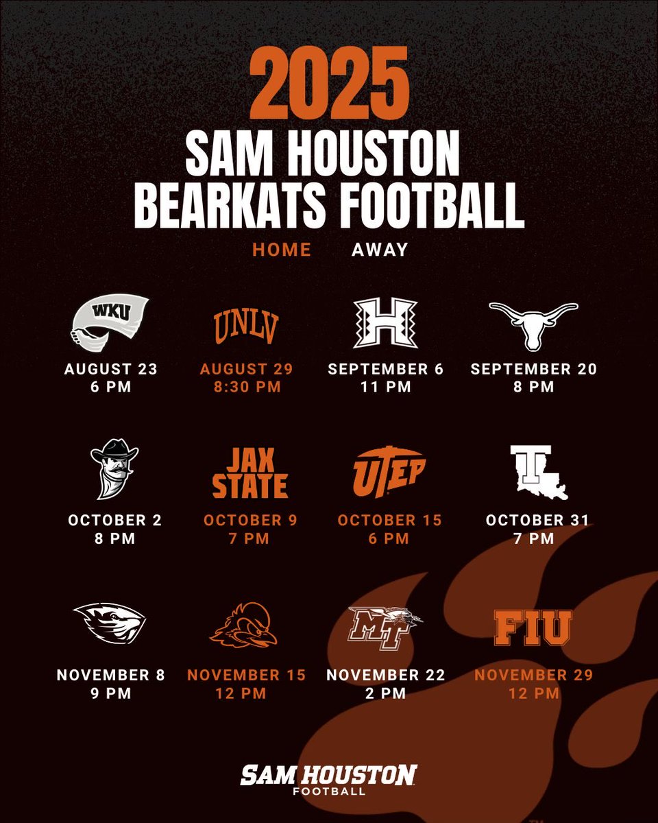 🟠⚪️ Finally a schedule with all the kick-off times!!!  Can’t wait!  #BearkatNation #SamHoustonFootball
