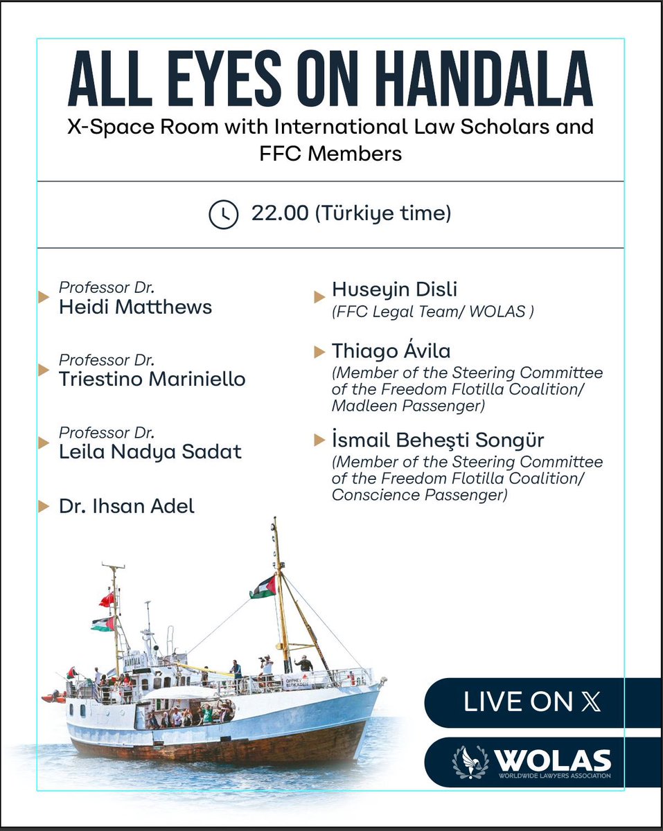WOLAS - Yeryüzü Avukatları Derneği (@wolasorg) on Twitter photo As the <a href="/GazaFFlotilla/">Freedom Flotilla Coalition</a> ship Handala approaches just 60 nautical miles from Gaza, we’ll be discussing the latest developments and the legal dimensions/legitimacy of the mission in the X chat room tonight at 22:00 Palestine time.
If not intercepted by Israel, Handala is expected to As the <a href="/GazaFFlotilla/">Freedom Flotilla Coalition</a> ship Handala approaches just 60 nautical miles from Gaza, we’ll be discussing the latest developments and the legal dimensions/legitimacy of the mission in the X chat room tonight at 22:00 Palestine time.
If not intercepted by Israel, Handala is expected to