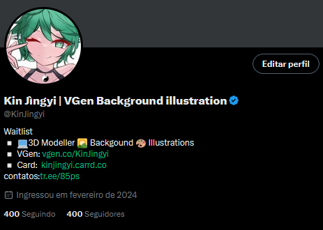 KinJingyi's tweet image. E pensar que a um mês atrás eu tava com 300 seguidores e já fui pra 400. Eu já estou preparando algo pra comemorar, mas quero que saibam que me deixa muito feliz ver que mais e mais pessoas estão conhecendo meu trabalho.
Obrigada💚