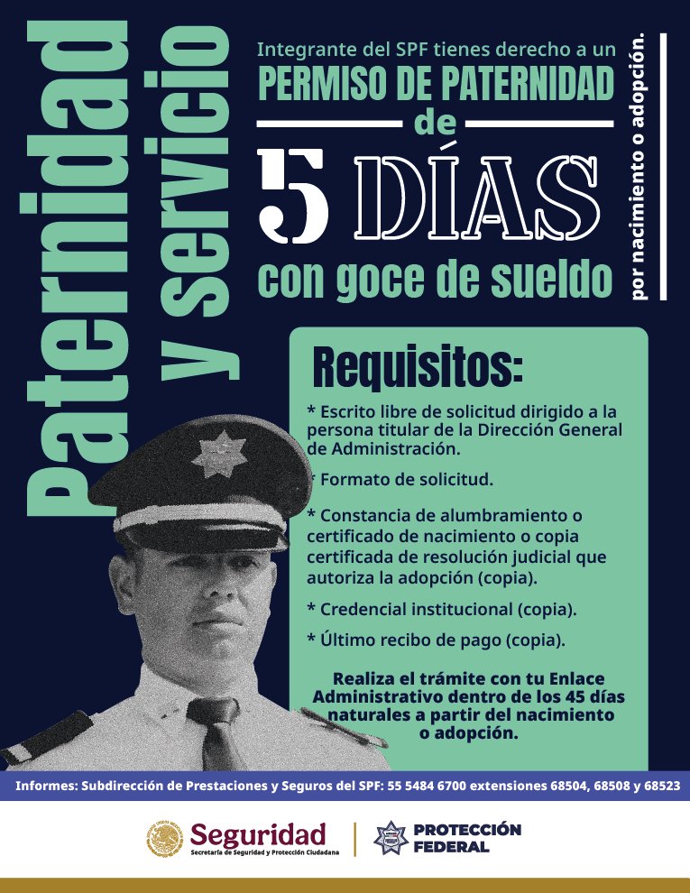 👨‍👧💙En el #SPF sabemos que la paternidad también se abraza con tiempo y amor. 👨‍👧
📅Solicítala dentro de los 45 días naturales posteriores al nacimiento o adopción. ⏰
#ProtectoresdelaNación #MásCercaMásSeguros
