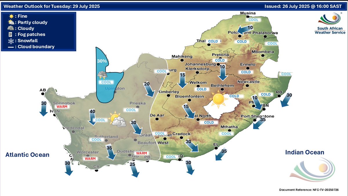 SAWeatherServic's tweet image. Weather outlook for Monday & Tuesday, 28 --29 July 2025.
Partly cloudy conditions are expected over the central & western parts of the country, with isolated showers expected over the northern areas of the Northern Cape on Tuesday,29 July 2025. Otherwise, fine & cold to cool.