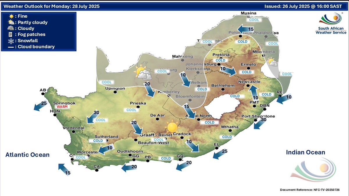 SAWeatherServic's tweet image. Weather outlook for Monday & Tuesday, 28 --29 July 2025.
Partly cloudy conditions are expected over the central & western parts of the country, with isolated showers expected over the northern areas of the Northern Cape on Tuesday,29 July 2025. Otherwise, fine & cold to cool.