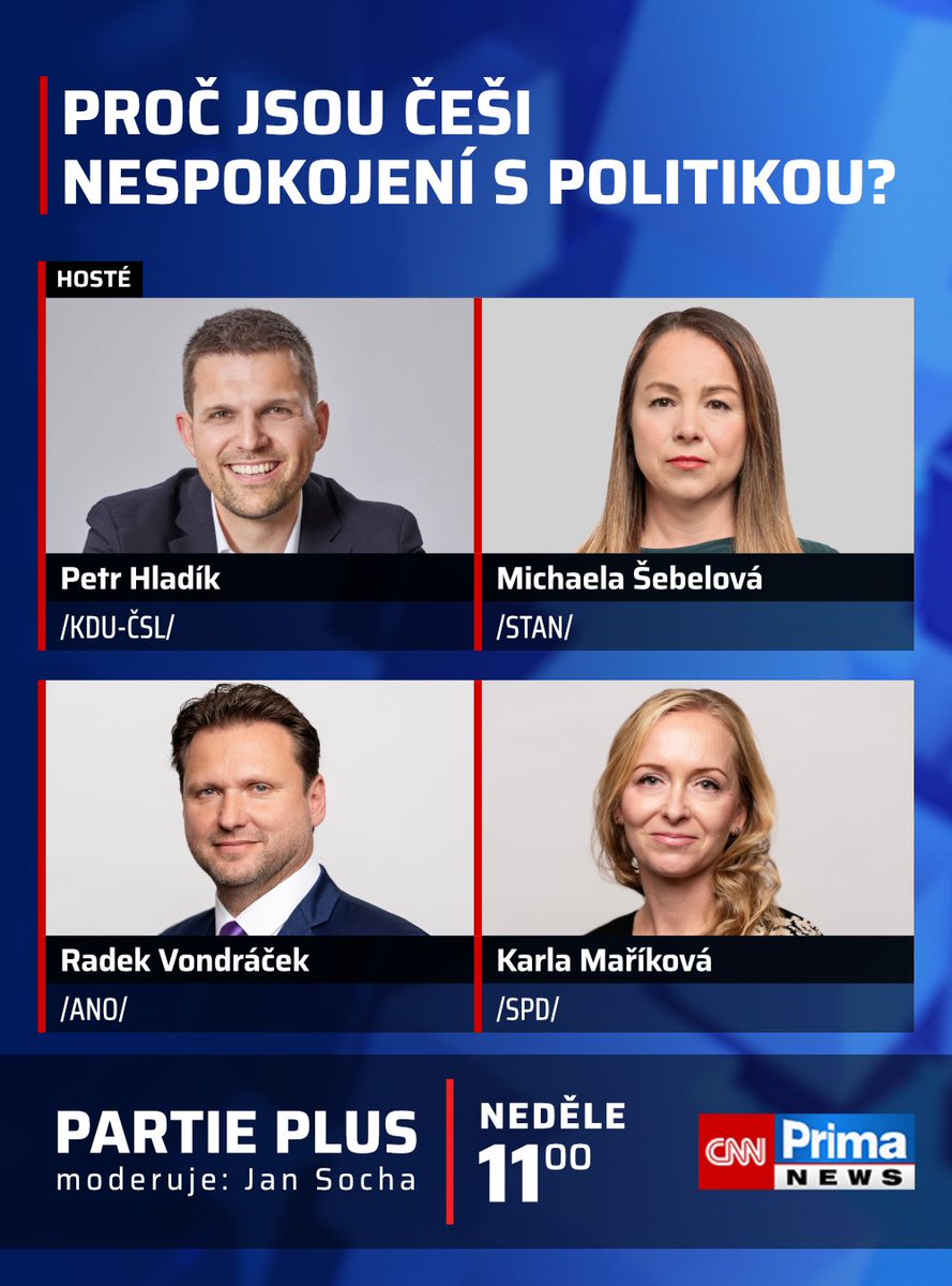CNNPrima's tweet image. Češi jsou nespokojení s politikou. Kdo za to může? A kdo má obavy z ovlivnění voleb? Velká politická debata v Partii PLUS: Petr Hladík z KDU-ČSL, Michaela Šebelová z hnutí STAN, Radek Vondráček z ANO a Karla Maříková za SPD. Představíme i exkluzivní volební model STEM. Partie…