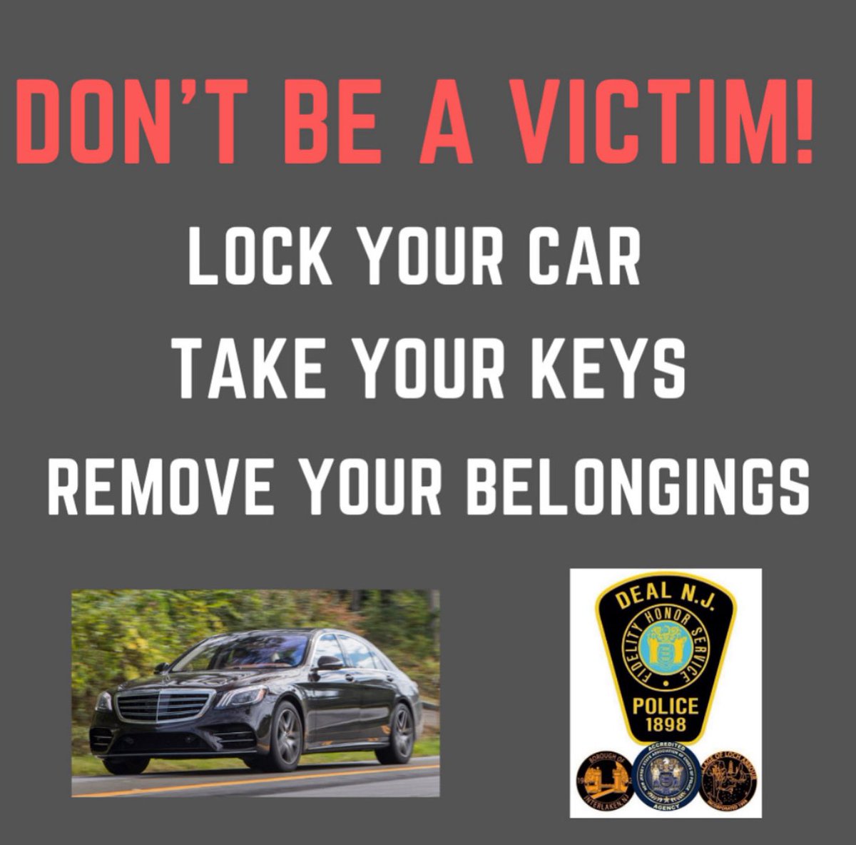 Last night, a neighboring jurisdiction had several individuals dressed in all black making attempts to steal motor vehicles.  Please ensure your vehicles are locked and the keys have been removed.  Please report any suspicious activity to the police right away.