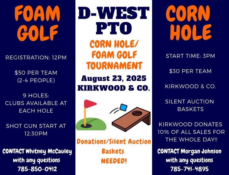 You definitely don’t want to miss out on this FUN day! Mark your calendars for August 23 and come support DWEST PTO while having fun with friends! All ages are welcome to play!
