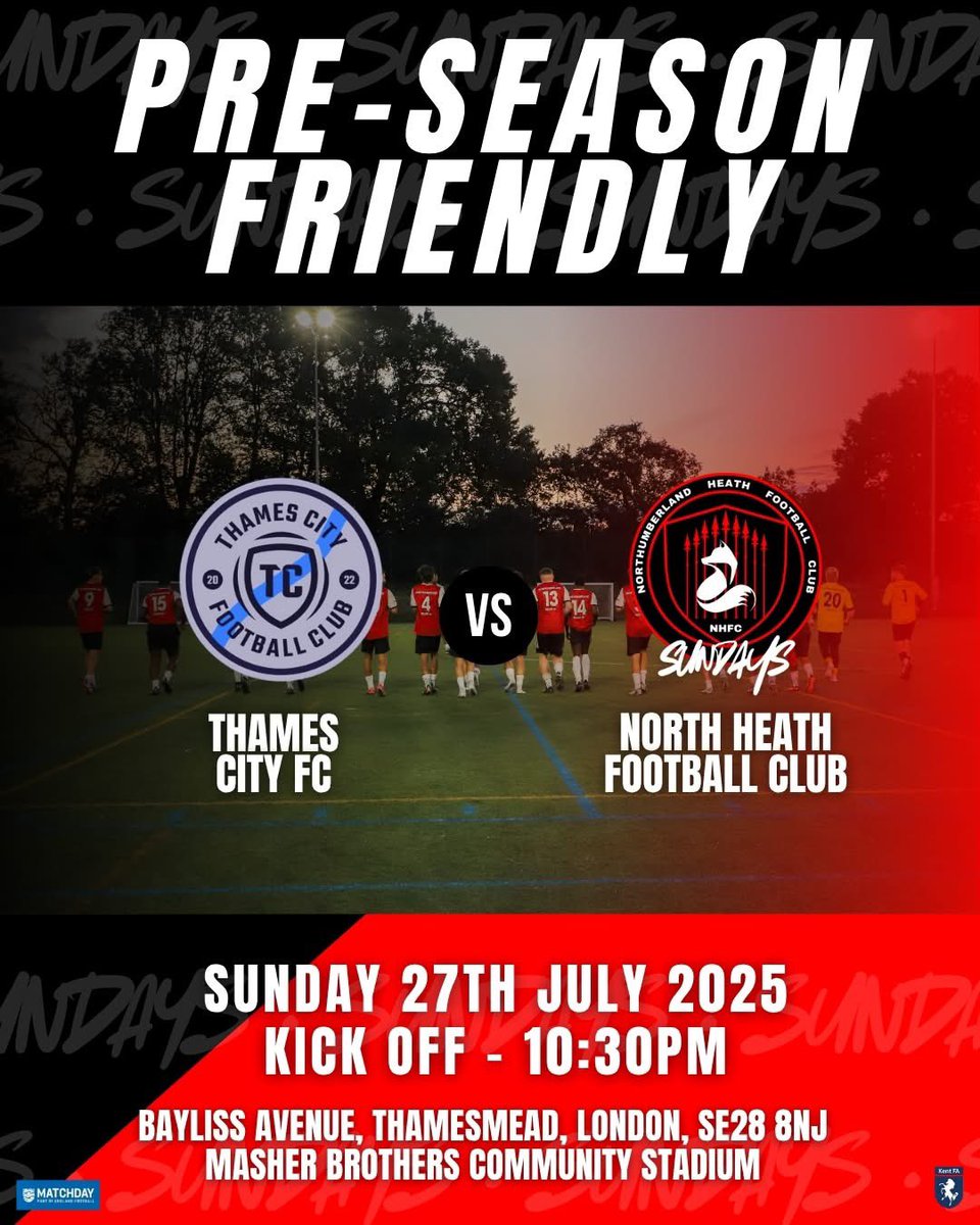 Northumberland Heath FC (@northheathfc) on Twitter photo Not only have we got our first team taking on <a href="/SCThamesmeadFC/">SC Thamesmead FC ๐ด๓ ง๓ ข๓ ฅ๓ ฎ๓ ง๓ ฟ</a> in the Masher Brothers Stadium tomorrow, we've also got our Sunday team taking on <a href="/ThamesCityFC/">Thames City FC</a> on the 4G in the same place for their pre-season friendly!
Kick off is at 10:30am.
Location: Bayliss Avenue, Not only have we got our first team taking on <a href="/SCThamesmeadFC/">SC Thamesmead FC ๐ด๓ ง๓ ข๓ ฅ๓ ฎ๓ ง๓ ฟ</a> in the Masher Brothers Stadium tomorrow, we've also got our Sunday team taking on <a href="/ThamesCityFC/">Thames City FC</a> on the 4G in the same place for their pre-season friendly!
Kick off is at 10:30am.
Location: Bayliss Avenue,