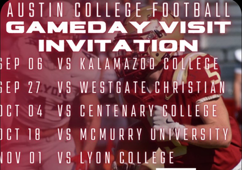 Dylan Zambrano (@dylanzam07) on Twitter photo Blessed to receive a gameday invite from <a href="/RoosFootball/">Austin College ’Roos Football</a>. I’ll be there on 11/1 against Lyon! <a href="/CoachStuJohnson/">Stu Johnson</a> <a href="/Coach_Connelly/">Coach Bob Connelly</a> <a href="/MBHSFootball/">MBHS Bronco Football</a> <a href="/CoachTimBrooks/">Tim Brooks</a> Blessed to receive a gameday invite from <a href="/RoosFootball/">Austin College ’Roos Football</a>. I’ll be there on 11/1 against Lyon! <a href="/CoachStuJohnson/">Stu Johnson</a> <a href="/Coach_Connelly/">Coach Bob Connelly</a> <a href="/MBHSFootball/">MBHS Bronco Football</a> <a href="/CoachTimBrooks/">Tim Brooks</a>