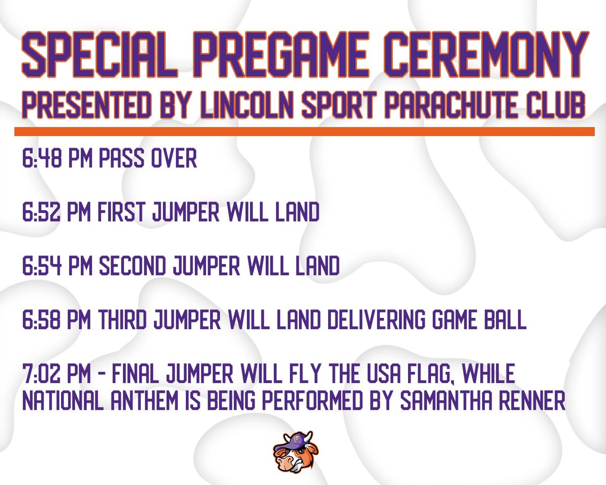fremont_moo's tweet image. 🚨 VERY SPECIAL PREGAME CEREMONY TONIGHT! 🚨
The Lincoln Sport Parachute Club will land 4 Jumpers on the field, deliver the game ball, and fly the USA Flag during the National Anthem. Don’t miss this one-of-a-kind experience! 🇺🇸🪂