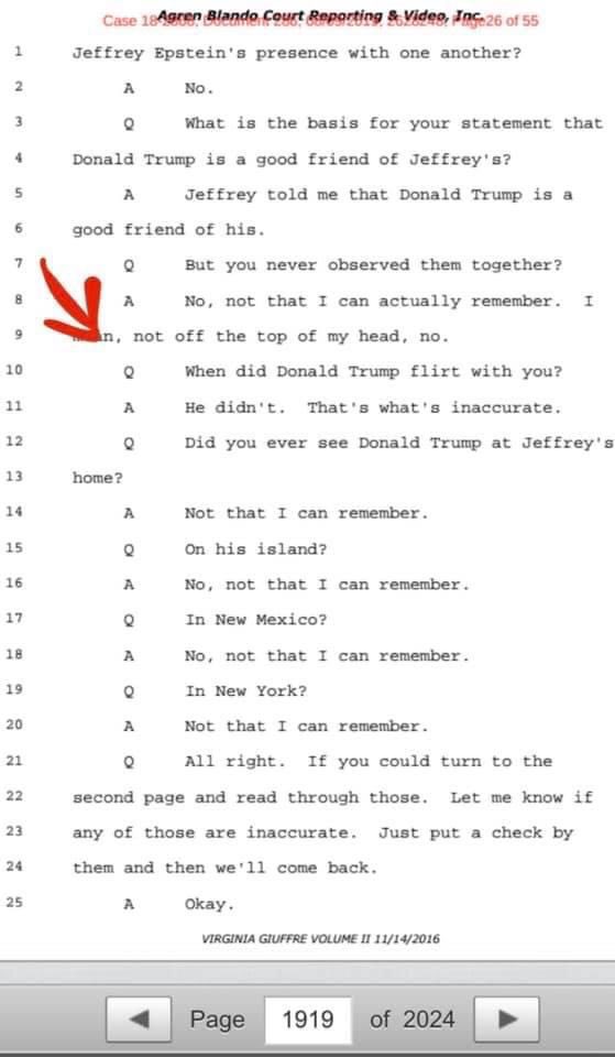 The Dems/MSM are playing a clever word game. Elon did the same.

They keep saying Trump’s name is “listed” in the Epstein files.

We already knew this, via Guiffre’s deposition in 2016, in which she explicitly states Trump was never involved in any such heinous activity.

But the