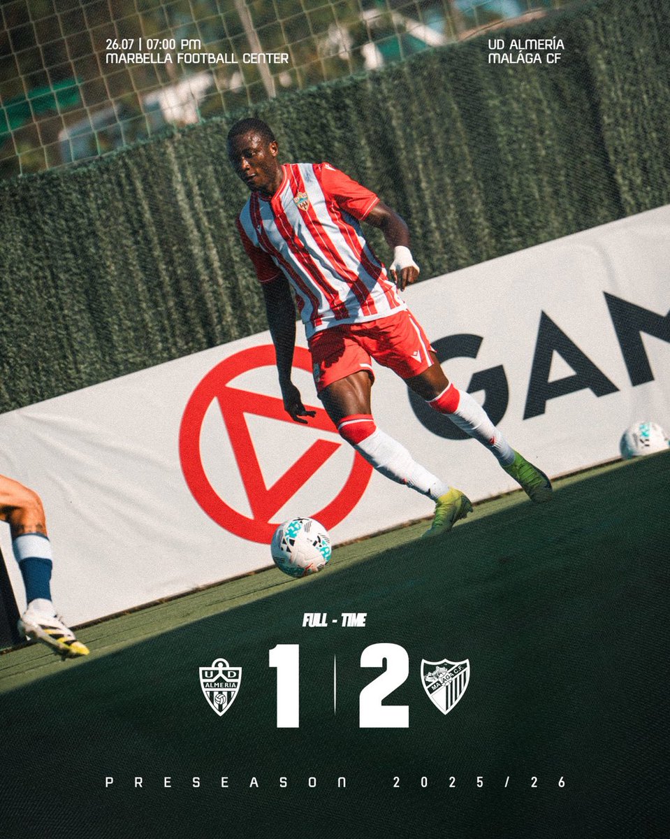 IkerSorroche_'s tweet photo. 𝐅𝐈𝐍𝐀𝐋 | 𝐀𝐥𝐦𝐞𝐫𝐢𝐚 𝟏-𝟐 𝐌𝐚́𝐥𝐚𝐠𝐚

❌ El cuadro rojiblanco cae en su estreno de la pretemporada 25/26 con una actuación reconocible en defensa.

🎯 Gol para recortar distancias en los últimos minutos de Nico Melamed.

✅ Debutan Luna, Dzodic, Soko, Chirino y Nelson. https://t.co/hUyXQ79HzG